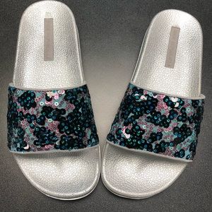 Blue sequin slides